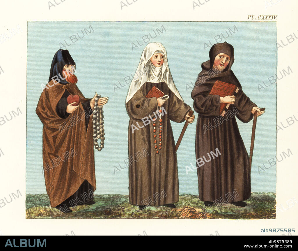 Religious habits of the 15th century. Monks in cassocks and nun in veil, wimple and habit holding rosaries, Bibles and staffs. From Guillaume de Lorris and Jean de Meun, Roman de la Rose, Harley MS 4435, British Library. Handcoloured engraving by Joseph Strutt from his Complete View of the Dress and Habits of the People of England, Henry Bohn, London, 1842.