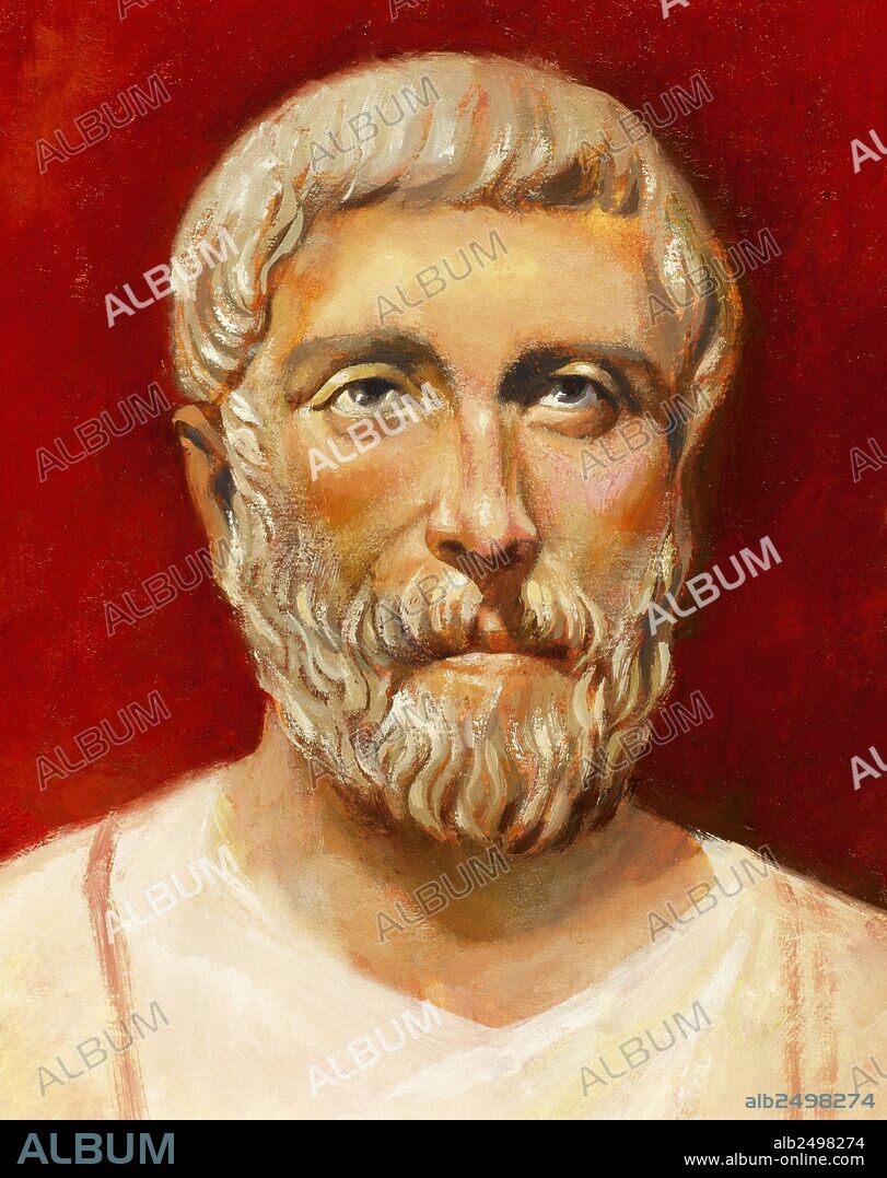 PITAGORAS (siglo VI a. C.). Filósofo y matemático griego nacido en Samos. Creador de las ciencias matemáticas. Se le atribuye el teorema que lleva su nombre. Percibió el movimiento de la Tierra sobre sí misma y enseñó que ésta era esférica. Acuarela.
