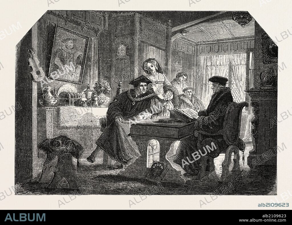 Salon of 1855. Erasmus at the house of Sir Thomas More, painting by Mr. Labouchere. engraving 1855.