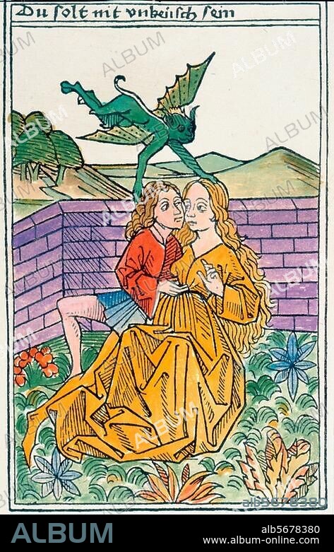 ANONYMOUS. Love / Marriage. German, 15th century. "Du sollst nicht unkeusch sein". (Thou shallt not commit adultery). (The 6th commandment). Woodcut, colour applied later. From: Seelentrost.