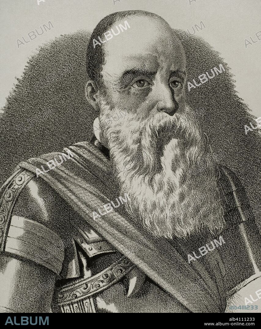 Hernando de Alarcón (1466-1540). Militar español, destacado en las guerras italianas. Dibujo por Llanta, detalle. Litografía. Retrato. Crónica General de España, Historia Ilustrada y Descriptiva de sus Provincias. Castilla-La Nueva, 1869. Biblioteca Histórico Militar de Barcelona. Cataluña, España.