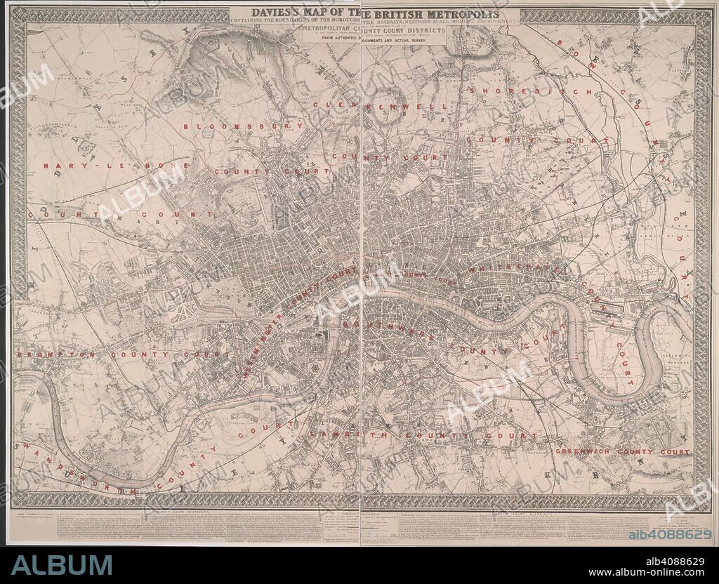 BENJAMIN REES DAVIES. Map of London, with the names of county courts in red. Davies's map of the British metropolis : containing the boundaries of the boroughs, the railways, stations & all modern improvements, particularly the boundaries of all the metropolitan county court districts & the county court houses, &c. with useful information relative thereto from authentic documents and actual survey / drawn & engraved by B. R. Davies, 16 George Street, Euston Square. [London] : published by J. Laidman, 119 Chancery Lane, J. Weale, 59 High Holborn, Letts & Co. &c., E. Wilson, Royal Exchange & B. R. Davies, 16 George Street, Euston Square, Novr. 20, 1848. Source: Maps Crace Port.7.255.