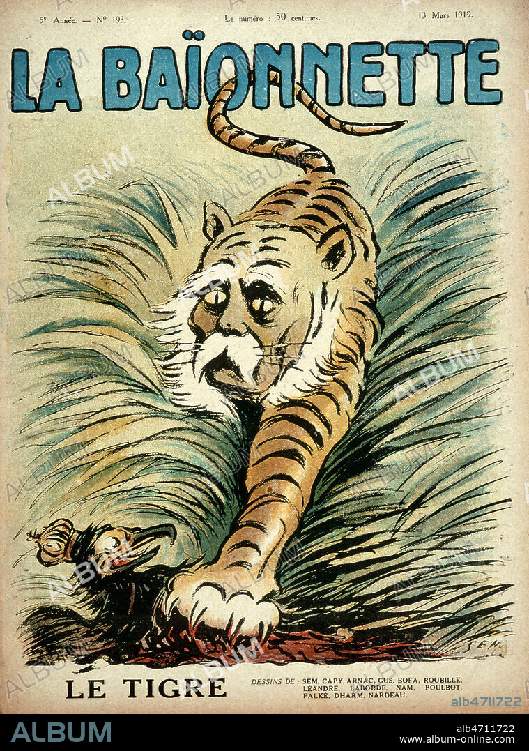 'Le tigre' : caricature de Georges CLEMENCEAU (1841-1929) realisee par SEM (1863-1934) en couverture de La Baionnette du 13 mars 1919. Credit : Collection KHARBINE-TAPABOR.