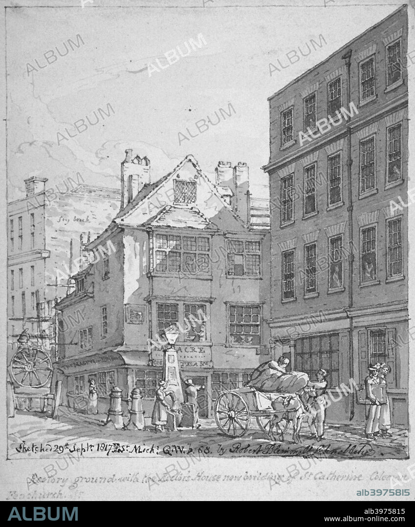 St Katherine Coleman Rectory, Fenchurch Street, City of London, 1817. Also showing a horse and cart, women collecting water from a pump and the Magpie and Punchbowl public house in the background.