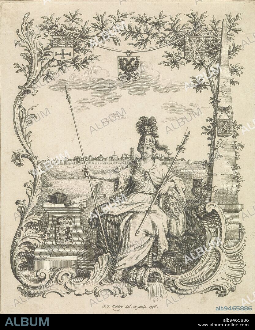 Minerva with beadle staff in front of university town of Harderwijk, Minerva (Pallas Athene) is seated on a seat, in one hand a lance, in the other a beadle staff, beside her a pieced stall with the coat of arms of Gelderland, on which is a doctor's hat and a bull. In the background Harderwijk. Four coats of arms are included in the frame of the scene; top left Zutphen, middle the coat of arms of Nijmegen, top right the coat of arms of Arnhem, on the column the coat of arms of Harderwijk. Title page of dissertations published since 1756 at the University of Harderwijk (the University of Gelderland)., print maker: Jacob van der Schley, (mentioned on object), after own design by: Jacob van der Schley, (mentioned on object), Netherlands, 1756, paper, etching, engraving, height 236 mm × width 192 mm.