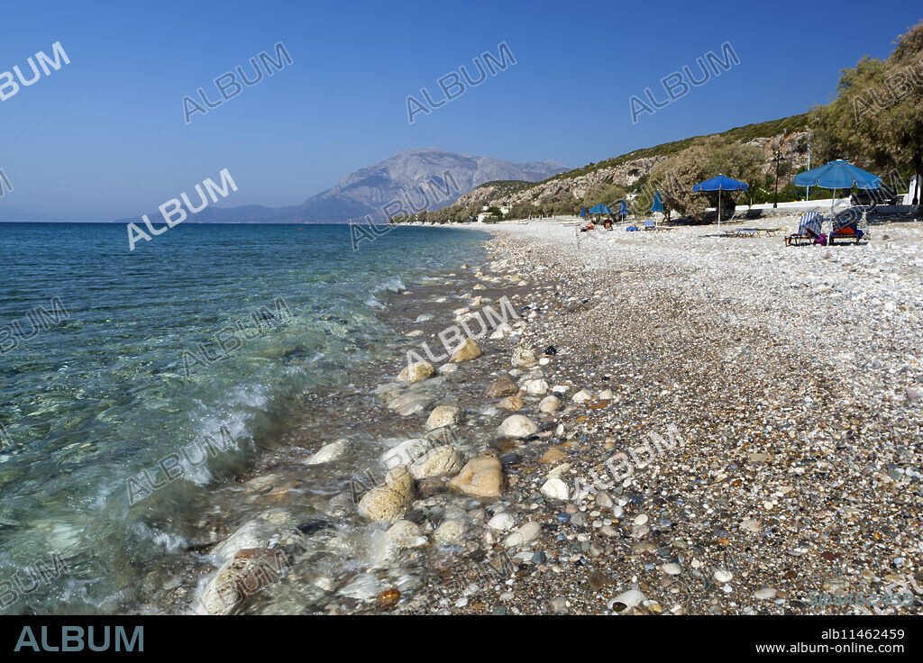 Balos beach and Mount Kerketeas, Ormos Koumeikon, Samos, Aegean Islands, Greece.