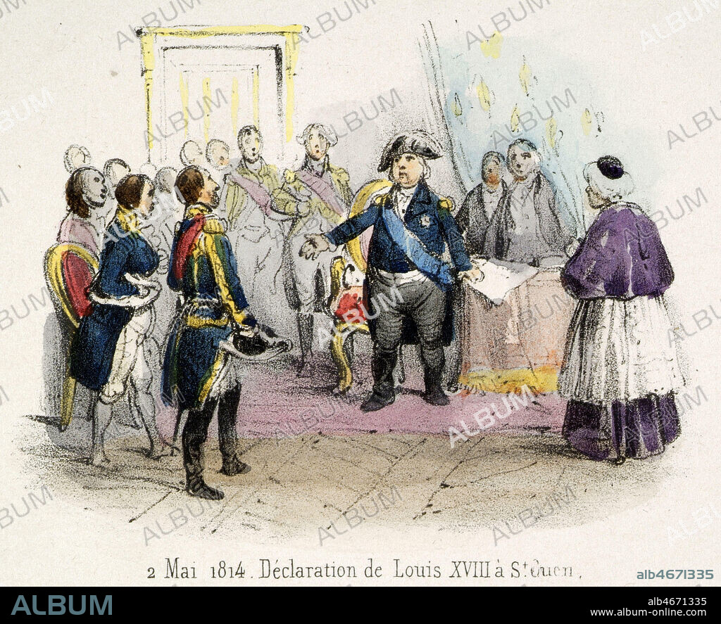'2 mai 1814 : declaration de LOUIS XVIII (1755-1824) a Saint Ouen'. Gravure de Victor ADAM (1801-1867) tiree de l'ouvrage Histoire de France en Tableaux publie en 1844. Credit : Collection Grob/KHARBINE-TAPABOR.