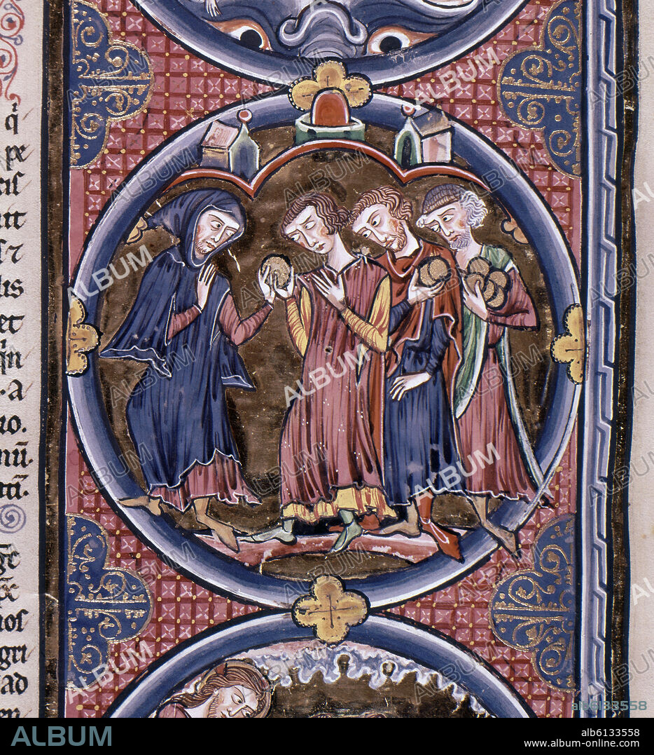 BIBLIA DE SAN LUIS - PARABOLA DEL AMO QUE DA TALENTOS - SIGLO XIII.