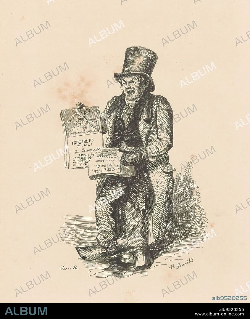 Newspaper Seller, On the street stands a man wearing a top hat and a long coat. In his hands he holds several newspapers or magazines., print maker: Laireille, (mentioned on object), after design by: Jean Ignace Isidore Gérard Grandville, (mentioned on object), c. 1825 - c. 1875, paper, height 258 mm × width 175 mm.