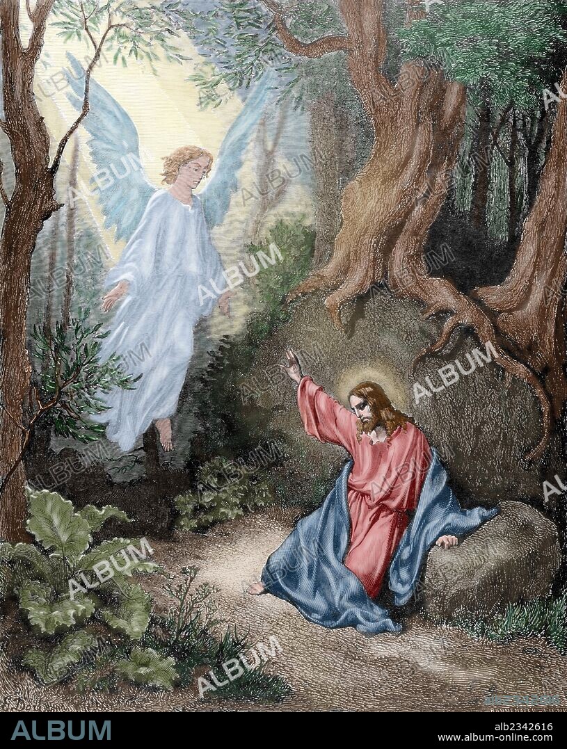 NUEVO TESTAMENTO. JESUS. "JESUS EN EL MONTE DE LOS OLIVOS". Evangelio San Lucas, Cap. XXII, Versículos 39 al 42. Dibujo de G. Doré. Grabado de Pannemaker. Coloreado.