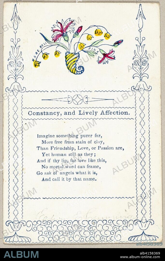 Constancy and Lively Affection (valentine). Unknown Artist; American, 19th century. Date: 1860-1869. Dimensions: 87 x 58 mm. Lithograph in blue ink, with hand-coloring and traces of pen and black ink on off-white wove paper. Origin: United States.
