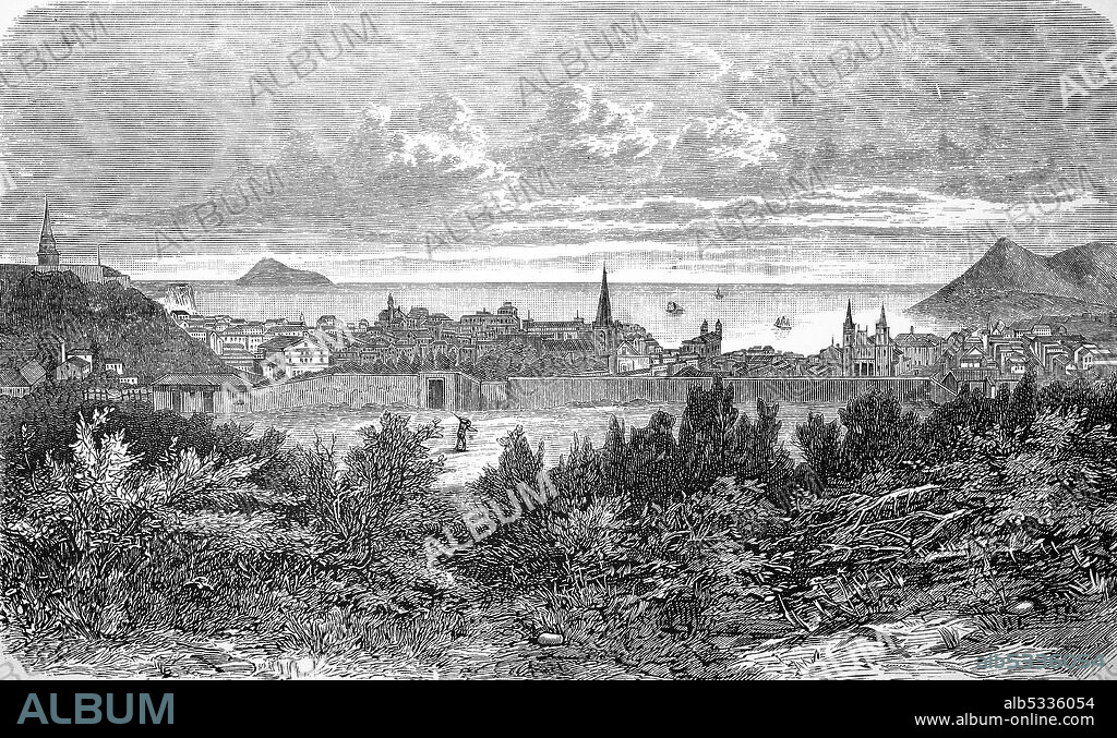 Angra do Heroísmo, Bay of Heroism, a Portuguese town on the island of Terceira, Azores, 1885  /  Angra do Heroísmo, Bucht der Heldenhaftigkeit, eine portugiesische Stadt auf der Insel Terceira, Azoren, 1885, Historisch, historical, digital improved reproduction of an original from the 19th century / digitale Reproduktion einer Originalvorlage aus dem 19. Jahrhundert,.