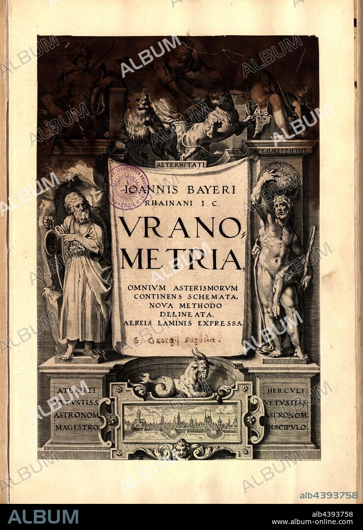 Copper title of Johann Bayer's 'Uranometria', Atlas, Hercules, Apollo, Diana and Personification of Eternity, Augsburg city, title page, 1603, Ioannis Bayeri Uranometria omnium asterismorum (...). Augustae Vindelicorum: excudit Christopherus Mangus, 1603.