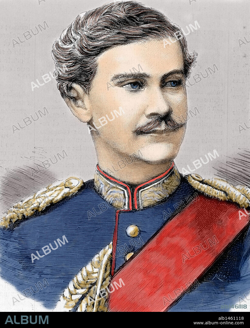OTON I (Munich, 1848-Castillo de Fürstenried, 1916). Rey de Baviera (1886-1913). Sucesor de Luis II (1886). Tenia perturbadas sus facultades mentales y se encargó de la regencia su tio Leopoldo. Grabado coloreado del siglo XIX.