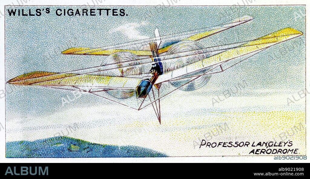 Samuel Pierpont Langley (1834-1906) American astronomer and aeronautical pioneer. Langley's steam-powered model plane Aerodrome. In 1896 Aerodrome 5 flew 3/4 mile. From set of cards on aviation published 1910. Chromolithograph.