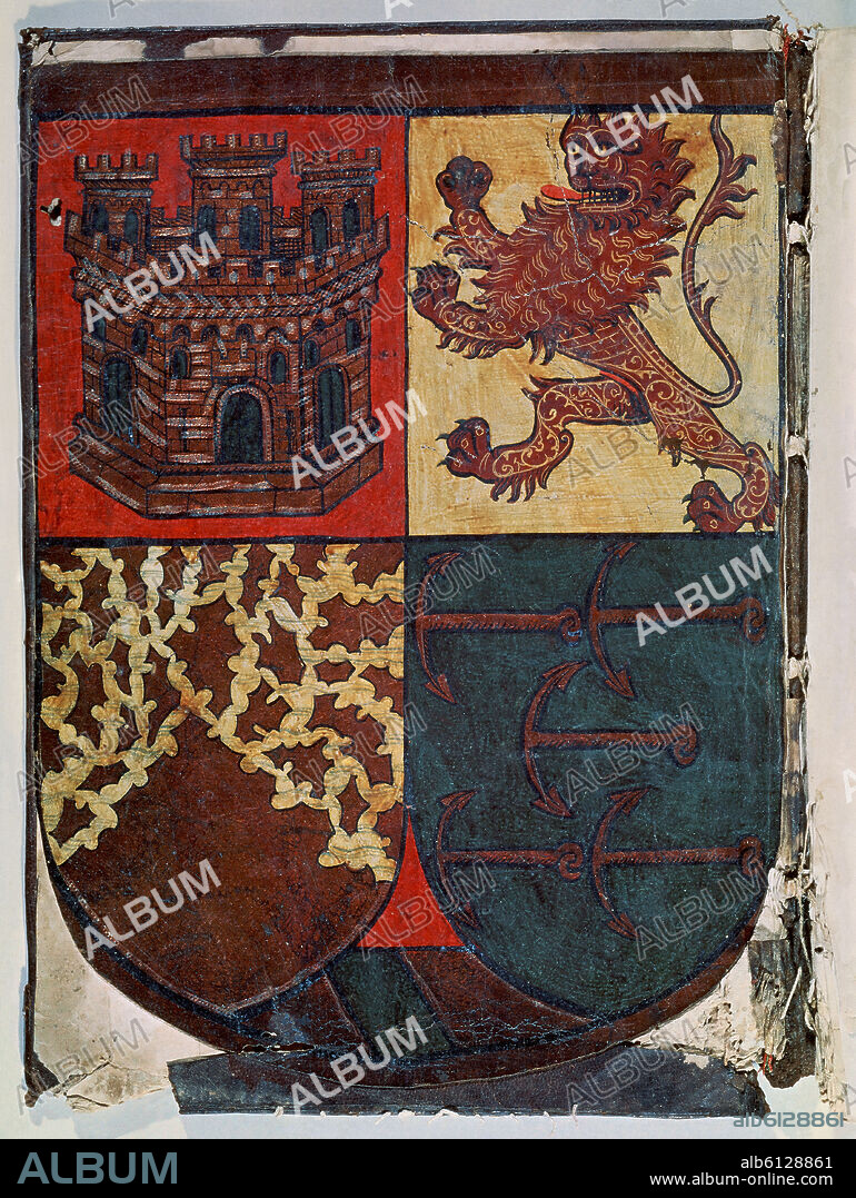 LIBRO DE LOS PRIVILEGIOS DE CRISTOBAL COLON O CODICE DE VERAGUA- ESCUDO DE ARMAS DEL ALMIRANTE PINTADO SOBRE PIEL EN AL AÑO 1498.