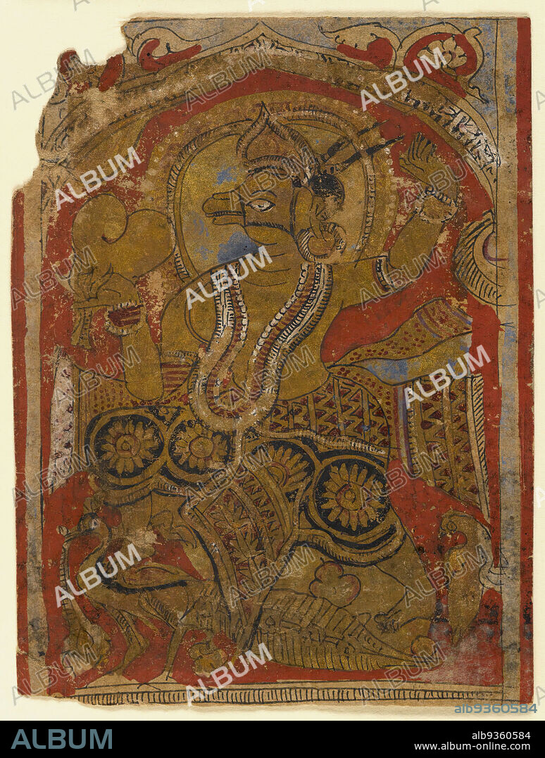 Harinegameshin Carrying the Embryo, Fragment of a Leaf from a Dispersed Kalpasutra, Indian, Opaque watercolor on gold leaf on paper, Gujarat, India, 16th century, sheet: 4 x 3 in., 10.2 x 7.6 cm, 16th century, Antelope, Gold leaf, Harinegameshin, Indian, Indra, Kalpasutra, Leaf, Mahavira, Paper, Peacock, Shakra, Watercolor.