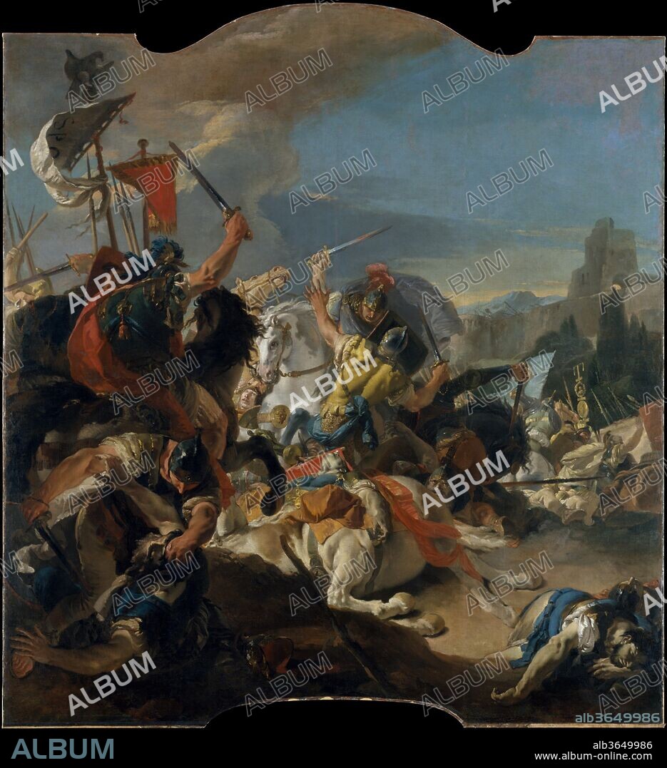 The Battle of Vercellae. Artist: Giovanni Battista Tiepolo (Italian, Venice 1696-1770 Madrid). Dimensions: Irregular painted surface, 162 x 148  3/8 in. (411.5 x 376.9 cm). Date: 1725-29.
This painting is from a series of ten magnificent canvases painted to decorate the main room of Ca' Dolfin, Venice. The battle has been tentatively identified as the great victory of Gaius Marius over the fierce Teutonic tribes in Lombardy in 101 B.C. The tribe of the Cimbri had crossed the Alps near Trent and invaded the Veneto, whose mild climate and delicacies reputedly sapped their strength. Their defeat saved Rome from conquest.