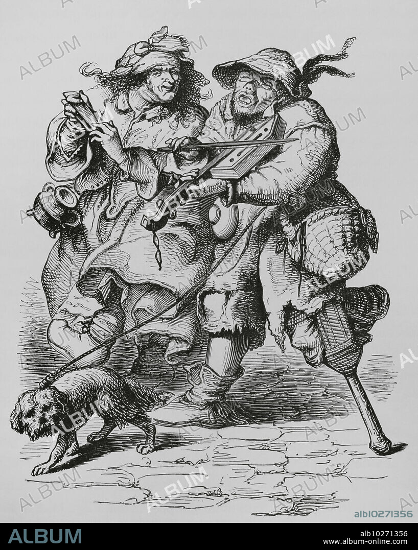 Mendigo tocando el violín, su esposa acompañándolo con huesos. Grabado a partir de un dibujo francés del siglo XVII. "Moeurs, usages et costumes au moyen-âge et à l'époque de la Renaissance", por Paul Lacroix. París, 1878.