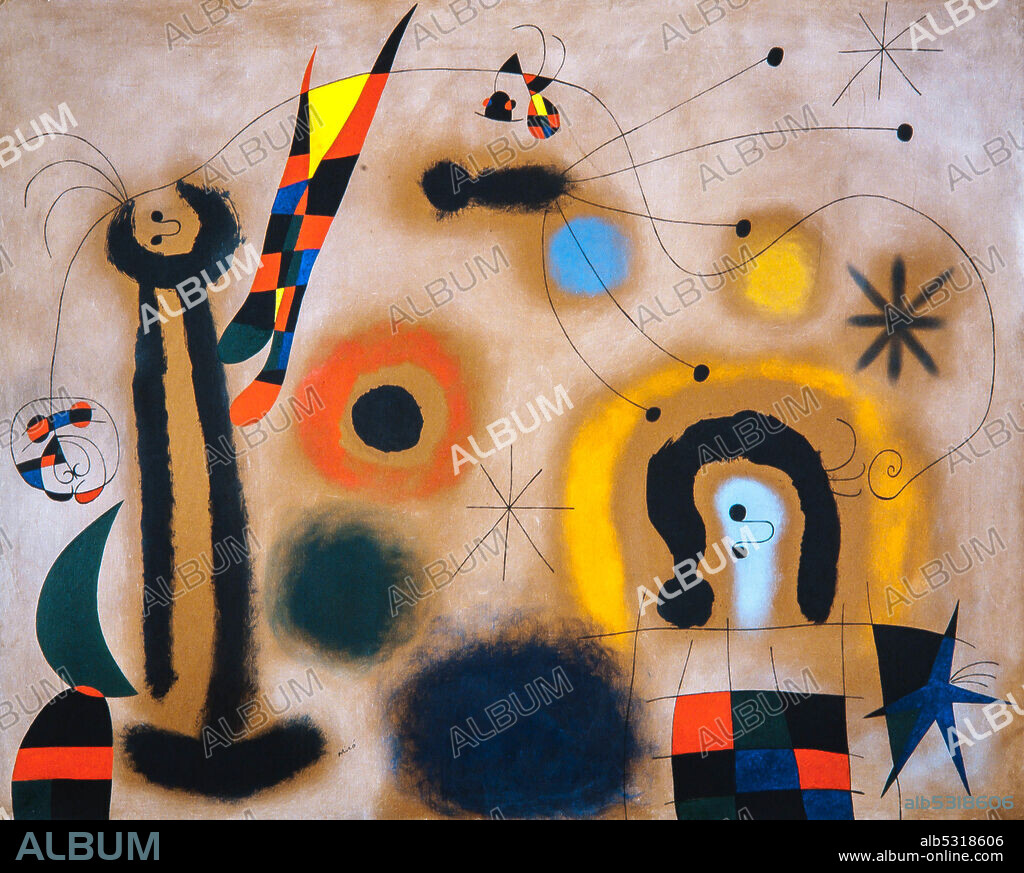 JOAN MIRÓ. Joan Miró / 'Libellule aux ailerons rouges à la poursuite d'un serpent glissant en spirale vers l'étoile-comète' (Libélula de alas rojas persiguiendo a una serpiente que se desliza en espiral hacia la estrella cometa), 1951, Óleo sobre lienzo, 81 x 100 cm. Museo Nacional Centro de Arte Reina Sofía.
