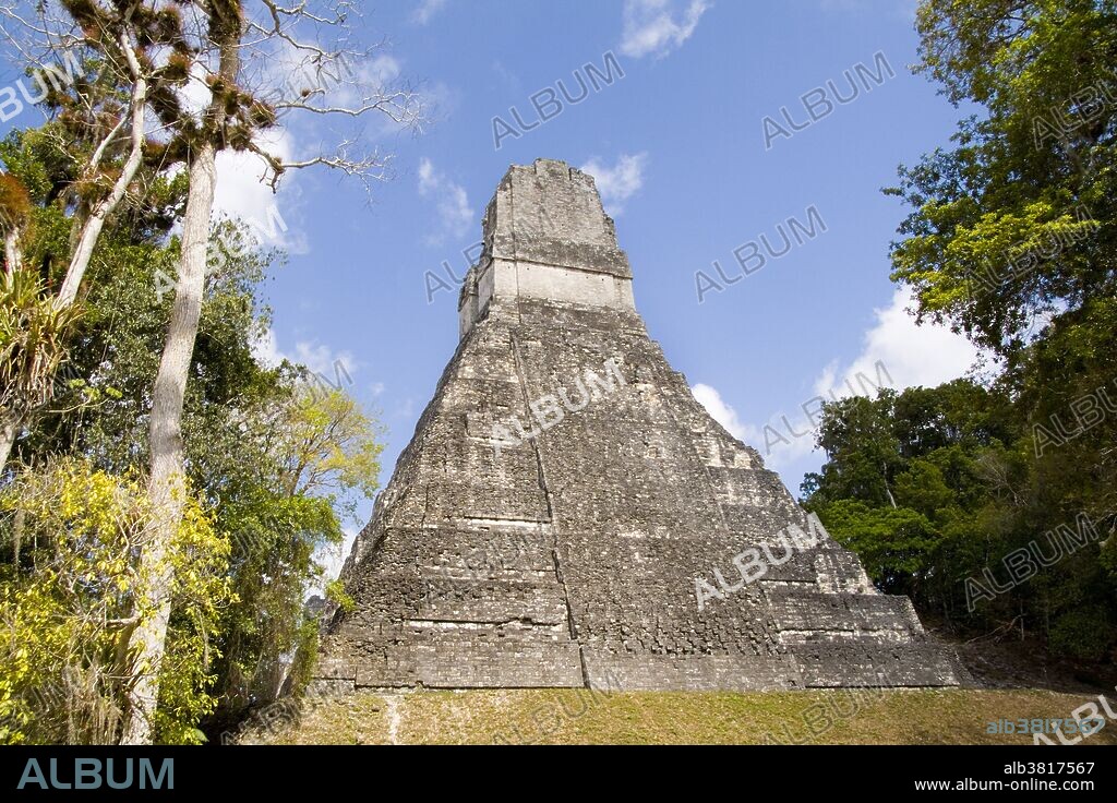 Tower II, one of the remaining architectural structures of the ancient Mayan civilization, Gran Plaza, Tikal, Guatemala.