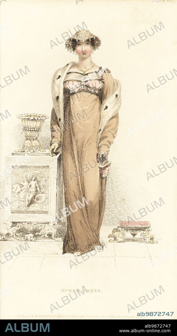Regency woman in opera dress designed by Elizabeth Gill. Superfine robe in Russian flame-colour, pink satin fancy bodice, Mary Queen of Scots cap, long tippet of ermine, pink ridicule. Designed by milliner Mrs Elizabeth Gill, 1 Cork Street, Burlington Gardens. Plate 6, Vol. 9, January 1 1812. Handcoloured copperplate engraving perhaps by Thomas Uwins from Rudolph Ackermann's Repository of Arts, London.