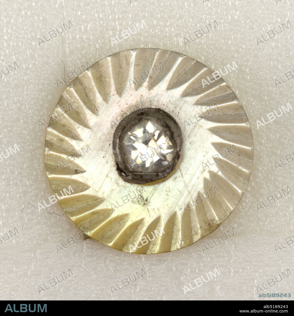 Button, pearl shell, glass, steel, circular buttons showing imitation jewel [white glass] in steel setting on pearl disc with engraved radiating lines., On card 29, France, France, late 19th century, costume & accessories, Decorative Arts, Button.