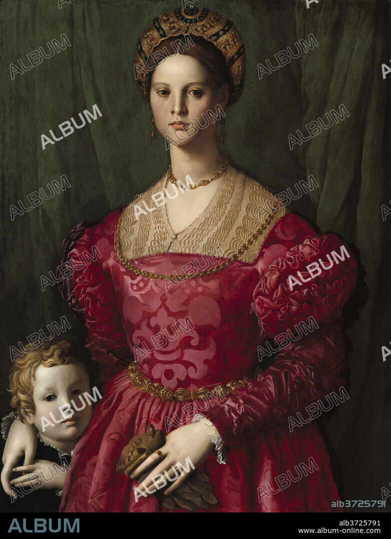 AGNOLO BRONZINO. A Young Woman and Her Little Boy. Dated: c. 1540. Dimensions: overall: 99.5 x 76 cm (39 3/16 x 29 15/16 in.)  framed: 134.6 x 111.1 x 6.7 cm (53 x 43 3/4 x 2 5/8 in.). Medium: oil on panel.