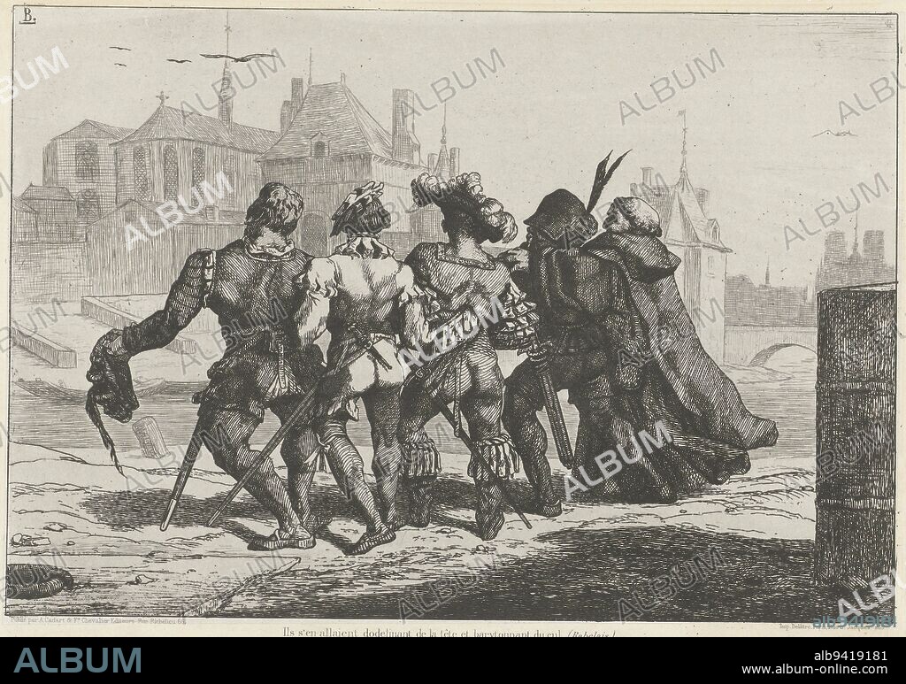 Scene from Pantagruel by Rabelais in which five men, Ponocrates, Panurge, Epistémon, Gymnast and Frère Jean, walk arm in arm in Paris. According to the caption they move their heads up and down and sing. Seen from the back and in old costumes, it is a strange company in which the monk stands out. In the background on the right, the silhouette of the Nortre Dame stands out against the sky, a scene from Pantagruel by Rabelais in which five men, Ponocrates, Panurge, Epistémon, Gymnast and Frère Jean, walk arm in arm in Paris Ils'en allaient dodelinant de la tête et barytonnant du cul (Rabelais)., print maker: Félix Bracquemond, (mentioned on object), printer: Auguste Delâtre, (mentioned on object), publisher: A. Cadart & F. Chevalier, (mentioned on object), print maker: France, printer: Paris, publisher: Paris, 1854 - 1855.