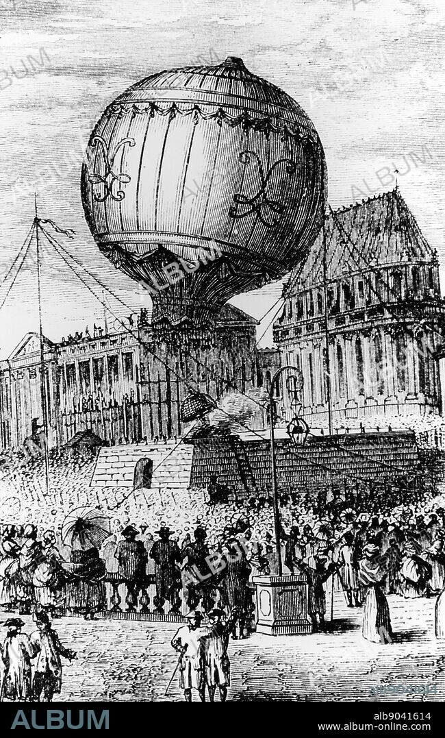 Copperplate engraving of the Hydrogen Balloon designed by the Montgolfier Brothers. Joseph-Michel Montgolfier (1740-1810) and Jacques-Étienne Montgolfier (1745-1799) inventors of the Montgolfier-style hot air balloon, globe aérostatique. Dated 18th Century.