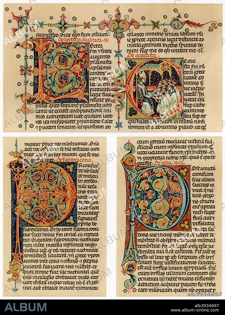 Text page with illuminated initial letters, 14th century. From Racionale divinorum officiorum, produced in Italy. Illustration from Illuminated Manuscripts in the British Museum, Miniatures, Borders, and Initials by George F Warner, series III, (British Museum, London, 1899).