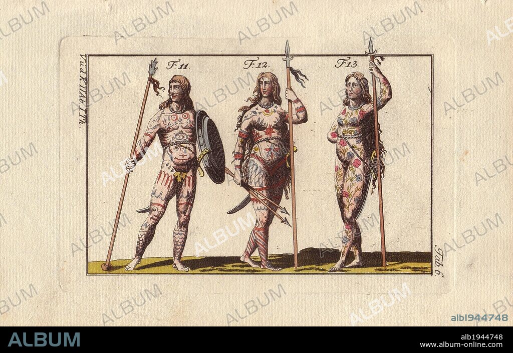 "Three Picts are shown with their naked bodies covered in paintings of stars, animals (on the male) and flowers (on the females). They carry lances with ball-ends, like the Britons, in their right hands, and javelins or shields in their left. The images were taken from [Speed's] Collection of the Dresses, etc." . . Handcolored copperplate engraving from Robert von Spalart's "Historical Picture of the Costumes of the Principal People of Antiquity and of the Middle Ages" (1796).