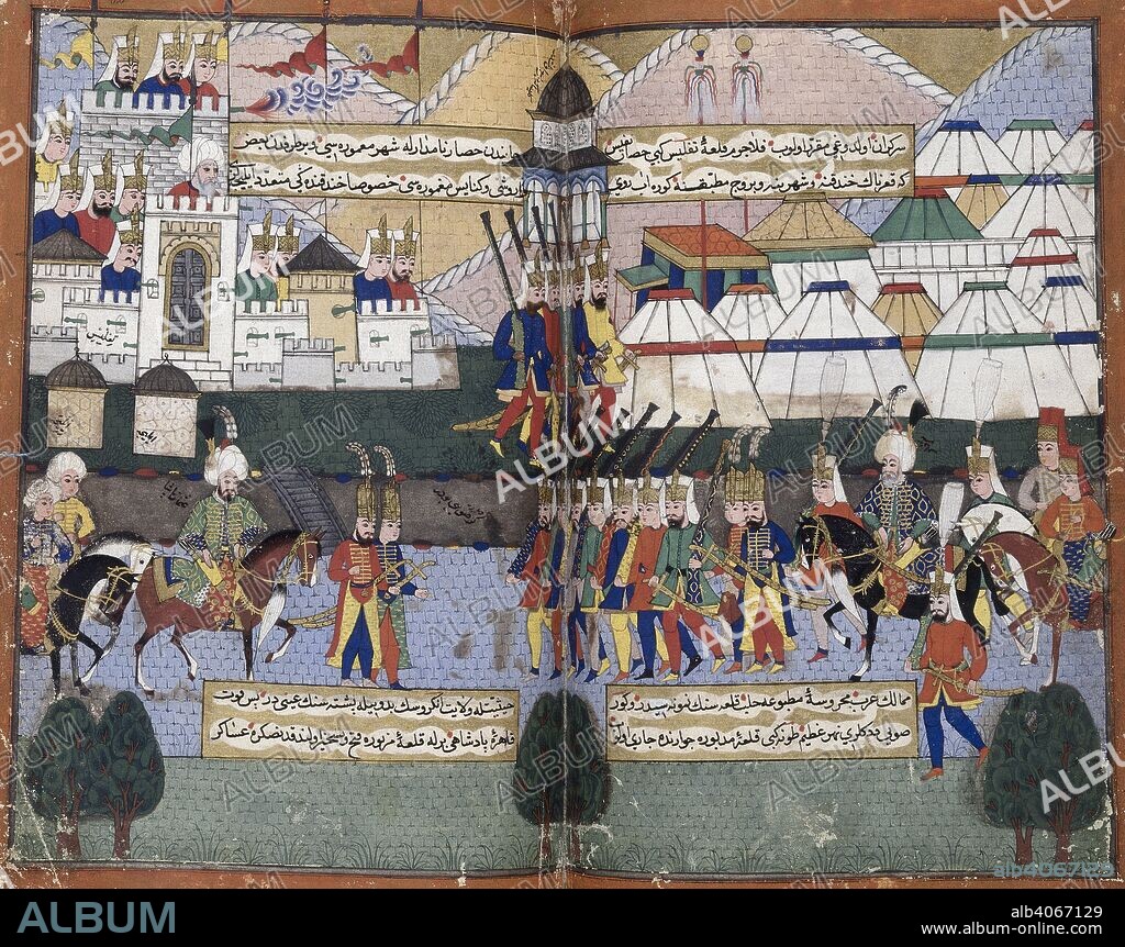 MUSTAFA ALI GELIBOLULU. The Ottoman army parading before the walls of Tiflis (Tblisi) in August 1578 after the city had been evacuated by Da'ud Han. Lala Mustafa Pasha is shown on horseback on the right hand side. Nusretname. Turkey, 1582. Source: Add. 22011, ff.81v-82. Language: Ottoman Turkish.