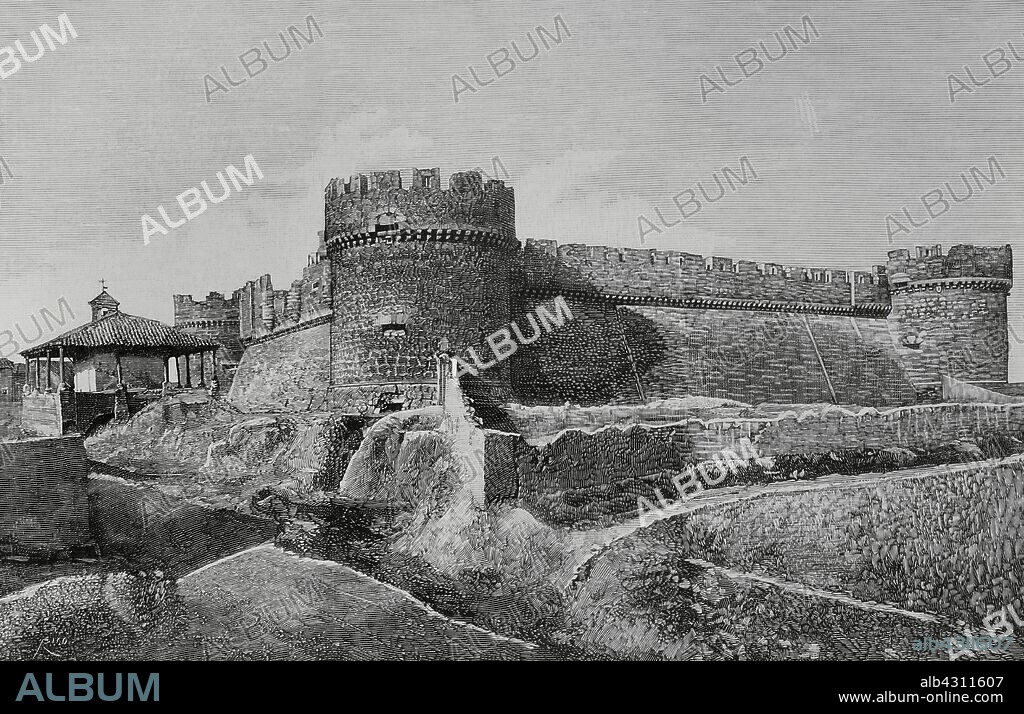 España. Provincia de León. Castillo de Grajal de Campos. Construcción militar reconstruido en el siglo XVI. Diseñado por el arquitecto Lorenzo de Aldonza. Grabado por Bernardo Rico (1825-1894). La Ilustración Española y Americana, 8 de noviembre de 1883.