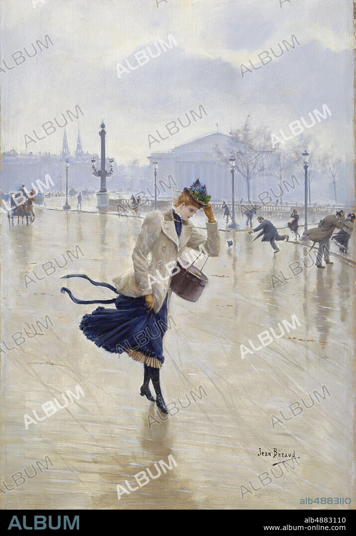 Jean Béraud, French, 18491935, Windy Day, Place de la Concorde, c. 1890, Oil on panel, 22 1/16 x 14 13/16 in. (56 x 37.6 cm).