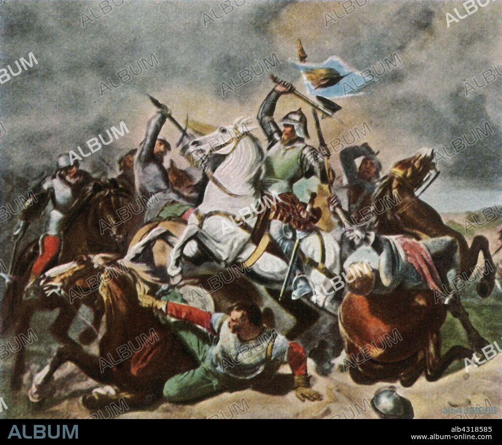 Albrecht Achilles in battle against the Nurembergers, 1450, (1936). 'Albrecht Achill Im Kampf Mit Den Nürnbergern, 1450'. Albrecht III Achilles, Elector of Brandenburg (1414-1486) was was defeated at the Battle of Pillenreuther Weiher in 1450. He was forced to return conquered territory and to recognise the independence of Nuremberg and its associated towns. From "Bilder Deutscher Geschichte", (Pictures of German History), No.12, cigarette card album. [Cigaretten-Bilderdienst, Altona-Bahrenfeld, Hamburg, Germany, 1936].
