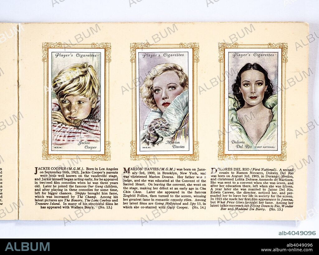 Movie stars Jackie Cooper, Marion Davies and Delores Del Rio, 1934. From An Album of Film Stars; Second Series issued by John Player & Sons. [Imperial Tobacco & Co Ltd, 1934].