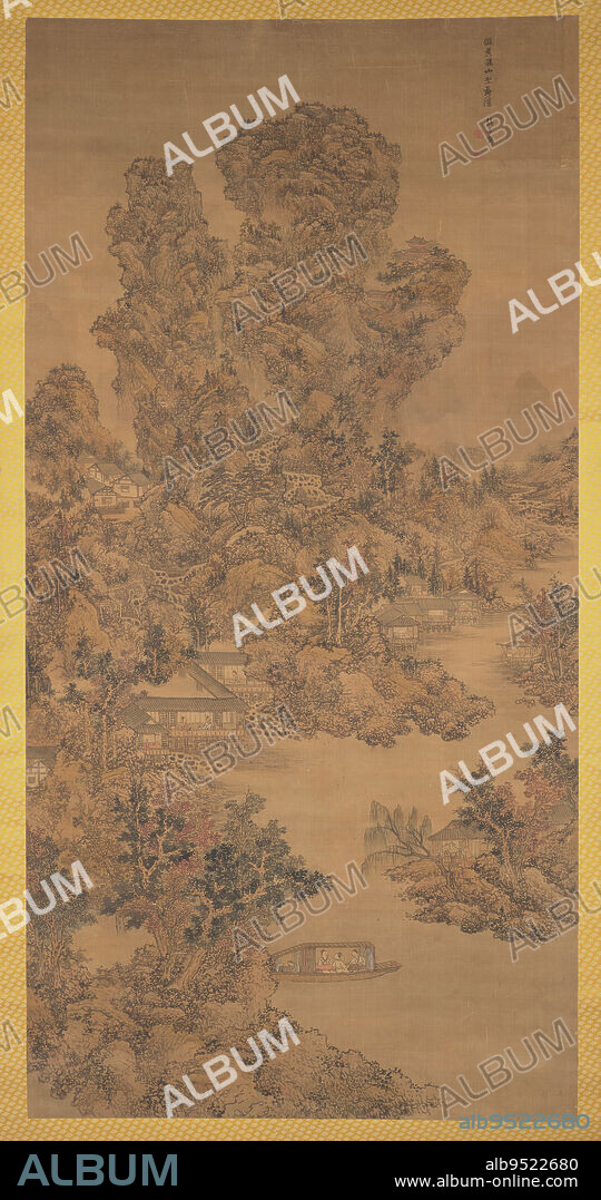 Chinese Landscape after Huang Gongwang, 18th-19th century, Shi Wenjing; Inscriber: Inscription on box by Gejo Keikoku, Chinese, 77 5/8 × 38 15/16 in. (197.17 × 98.9 cm) (image)95 1/2 × 46 7/8 in. (242.57 × 119.06 cm) (overall), Ink and colors on silk; hanging scroll, China, 18th-19th century, This monumental painting displays eremitic elements that were heavily influential in Chinese landscape painting. Eremitism, or the retreat from society into a life of reclusion, was a popular idea throughout Chinese history that valued solitude, withdrawal into nature, and self-cultivation. This scene depicts tiny houses and their residents tucked away in the lap of a mountain. The huge, rocky mountain seems difficult and cumbersome to climb, and the river at its base seals the residents in, creating a reclusive dwelling away from a more populated society.