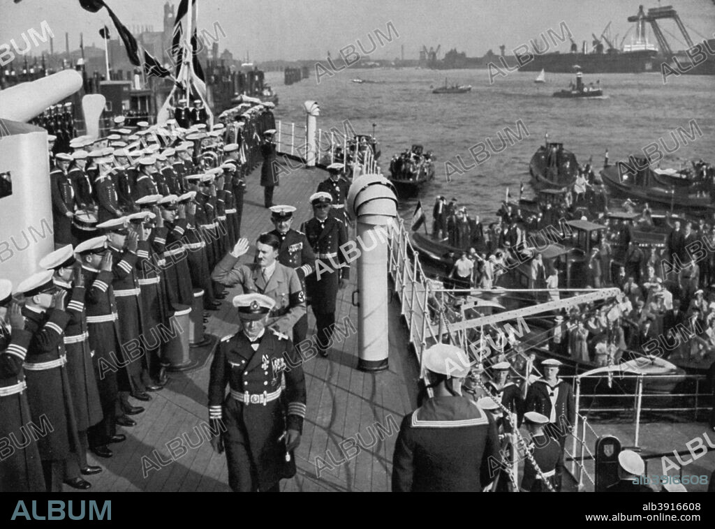 Adolf Hitler reviewing the battleship SMS 'Schleswig-Holstein', Hamburg, Germany, 1936. Hitler (1889-1945) acknowledging the salutes of the crew. The 'Schleswig-Holstein' was a 'Deutschland' class battleship launched in 1906. On 1 September 1939 she fired the first shots of World War II at the outset of the Nazi invasion of Poland. The ship was subsequantly involved in the invasion of Denmark before being returned to training duties. In 1944 'Schleswig-Holstein' was deployed in Gotenhafen (Gdynia) as an anti-aircraft ship, where she was sunk by RAF bombers on 18 December. A print from Adolf Hitler. Bilder aus dem Leben des Führers, Hamburg: Cigaretten/Bilderdienst Hamburg/Bahrenfeld, 1936.