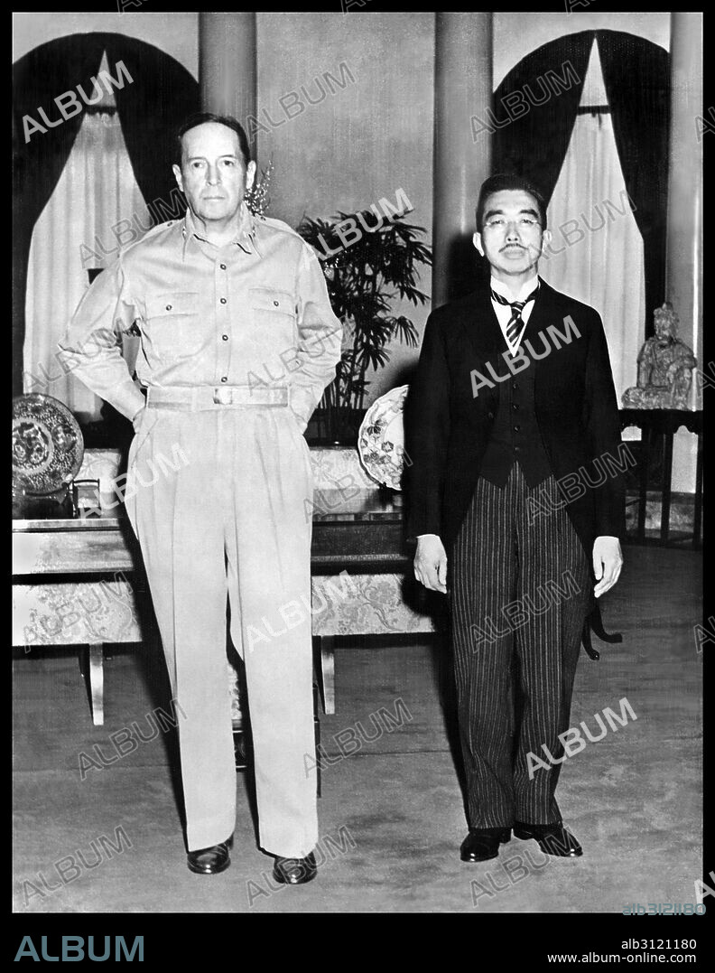Photograph of General Douglas MacArthur and Emperor Hirohito of Japan. Dated 1945.