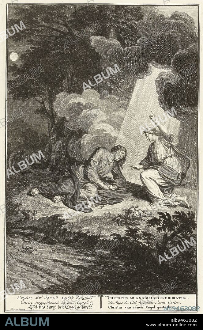 Christ in the Garden of Gethsemane, Balthasar Bernards, after Bernard Picart, c. 1711 - c. 1720, Christ prays for his disciples on the Mount of Olives and is supported by an angel. In the background, his disciples are sleeping., print maker: Balthasar Bernards, (mentioned on object), intermediary draughtsman: Bernard Picart, (mentioned on object), Amsterdam, c. 1711 - c. 1720, paper, engraving, h 362 mm × w 223 mm.