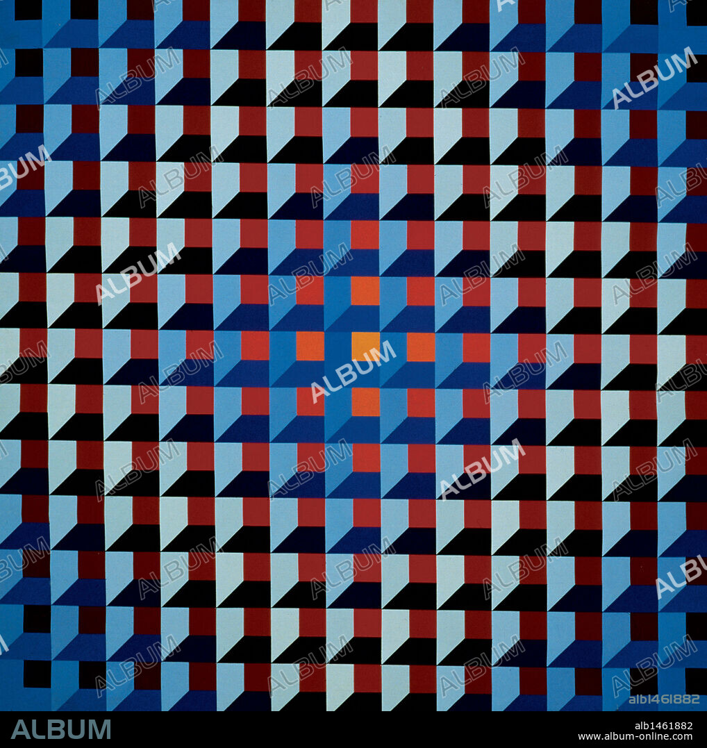 ARTE S. XX. FRANCIA. JEAN-PIERRE YVARAL (Jean-Pierre Vasarely) (1934-2002). Artista francés representante del Op-Art (Arte Optico) y del arte cinético (sensación de movimiento). Hijo de Victor Vasarely. "ESTRUCTURA AMBIGUA-RB". Pintura y collage sobre lienzo. Museo de Bellas Artes. Bilbao.