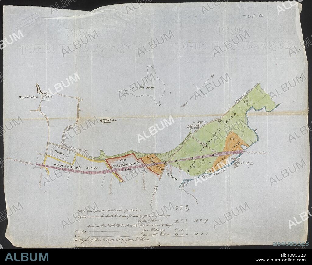 Plan of Wimbledon. Althorp Papers, Vol. MMDCCCLV. England; after 1825. [Whole plan]. Plan of lands near Wimbledon Park, with the Southampton-London railway passing through land owned by Earl Spencer and others. It also shows the depth of the railway cuttings, oil mills on the River Wandle, Wimbledon House, and the pond in Wimbledon Park  Image taken from Althorp Papers, Vol. MMDCCCLV.  Originally published/produced in England; after 1825. . Source: Add. 78155 CC,. Language: English.