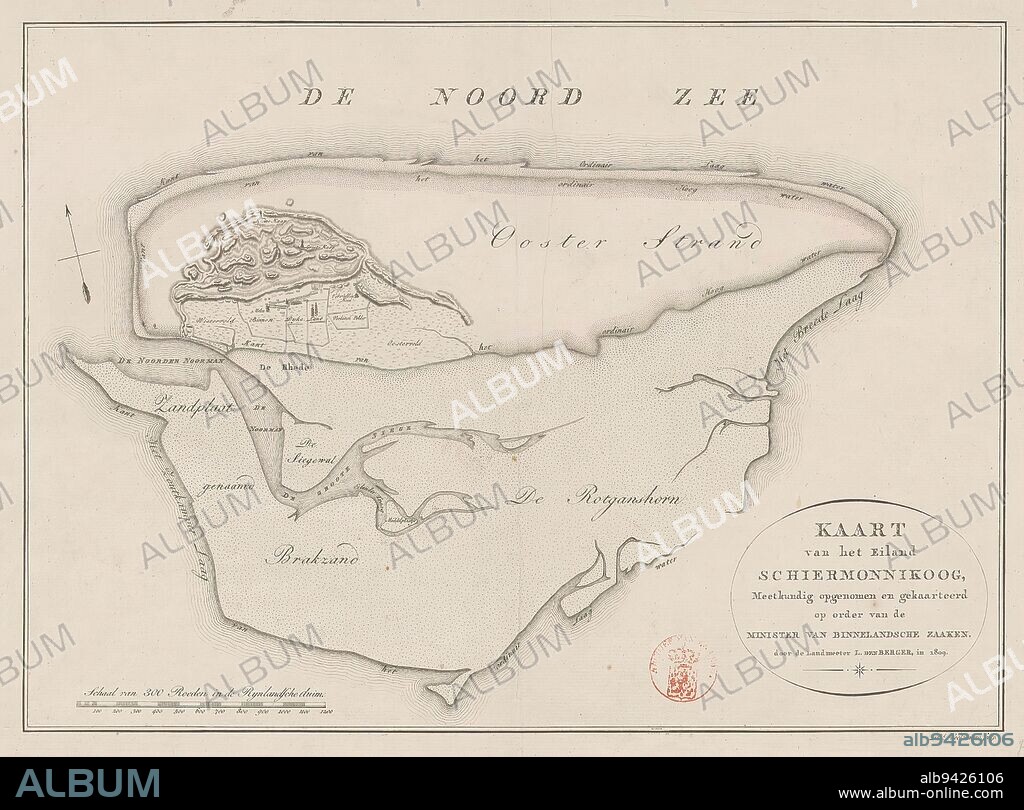 Map of Schiermonnikoog, Map of the island of Schiermonnikoog (...) (title on object), Bottom left a scale stick: Scale of 300 rods in the Rynlandsche duim. Bottom right the title., print maker: Daniël Veelwaard (I), (mentioned on object), Leendert den Berger (II), (mentioned on object), Adriaen Pieter Twent, (mentioned on object), Amsterdam, 1809, paper, engraving, height 339 mm × width 440 mm.