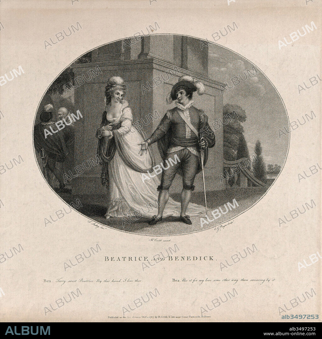 Drawings and Prints, Print, Beatrice and Benedick (Shakespeare, Much Ado About Nothing, Act 4, Scene 1), Publisher, Artist, Subject, Engraver, After, Robert Cribb, Samuel Shelley, William Shakespeare, Charles Gauthier Playter, British, 1755–1827, British, London 1756–1808 London, British, Stratford-upon-Avon 1564–1616 Stratford-upon-Avon, British, before 1786–1809 Lewisham, Cribb, Robert, Shelley.