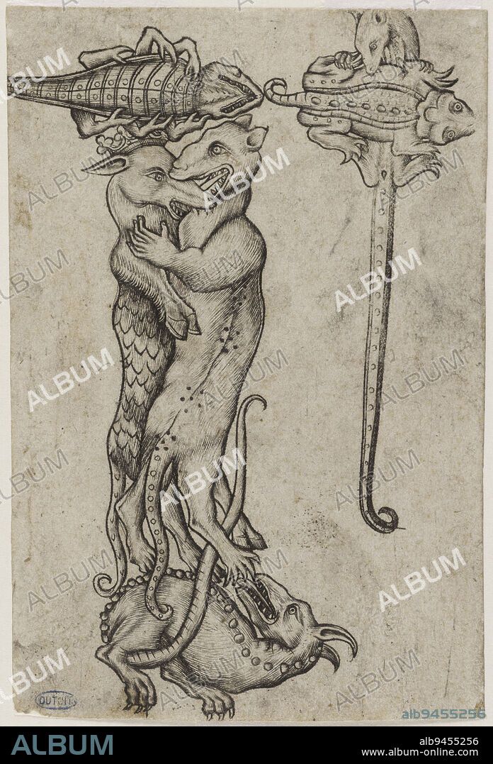 Letters of the alphabet composed of various grotesque figures and animals, A letter 'r' composed of two chimeric wolves that intertwine, volume VI, page 40), Master E.S., Engraver, Between 1450 and 1464, 3rd quarter of the 15th century, Graphic arts, Original print, Burin, Height: 13.8 cm, Width: 9.3 cm.