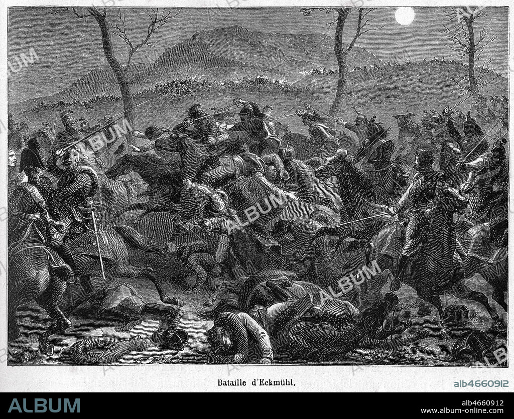 'Bataille d'Eckmuhl' en 1809, sous le regne de Napoleon Ier. Gravure de 1880 in Histoire de France populaire par Henri MARTIN. Credit : Collection Grob/KHARBINE-TAPABOR.