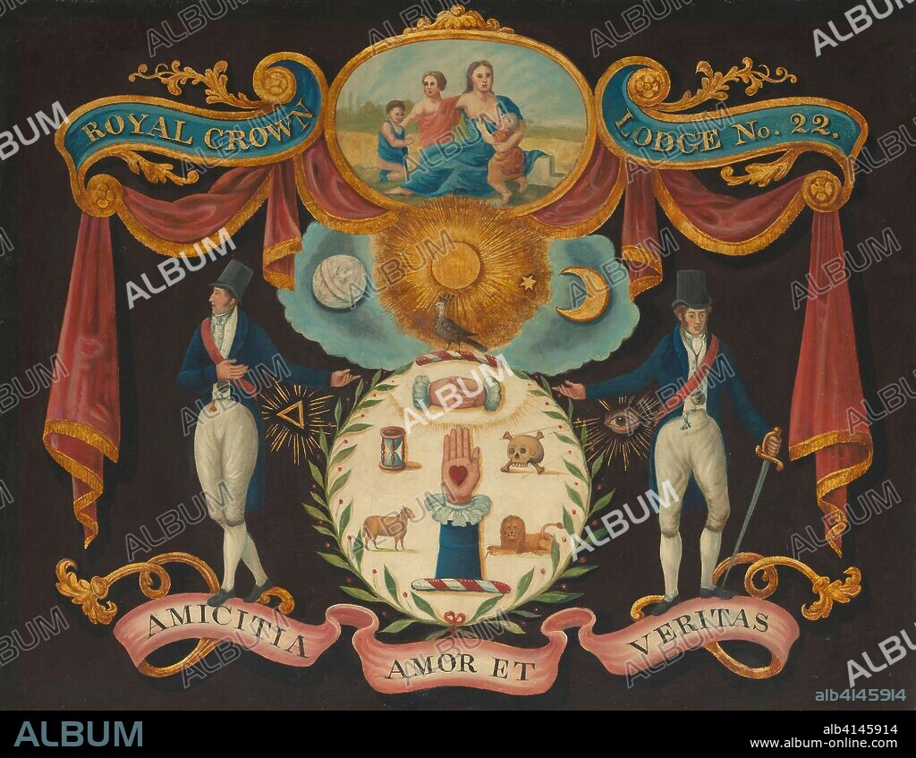 Emblems for Royal Crown Lodge No. 22. Artist Unknown; English, 19th century. Date: 1810-1815. Dimensions: 63.5 × 80.7 cm (25 × 31 3/4 in.). Oil on panel. Origin: United States.