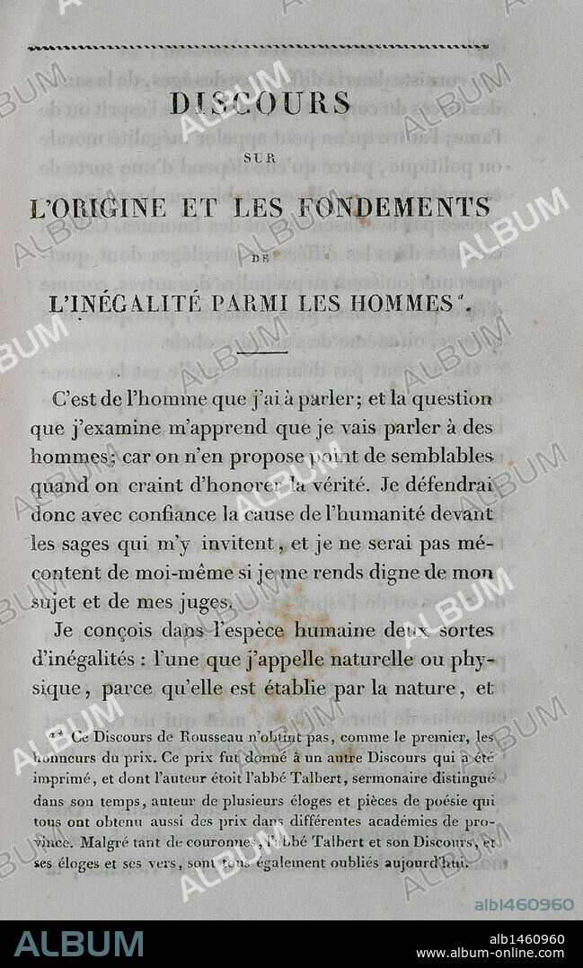 LITERATURA FRANCESA. SIGLO XVIII. ROUSSEAU, Jean Jacques (Ginebra,1712-Ermenonville 1778). Escritor y filósofo suizo en lengua francesa. Entabló relación con Voltaire, Grimm y Diderot quien le encargó artículos sobre música para la Enciclopedia. PRIMERA PAGINA DE LA OBRA "DISCURSO SOBRE EL ORIGEN Y LOS FUNDAMENTOS DE LA DESIGUALDAD ENTRE LOS HOMBRES" (1755) .