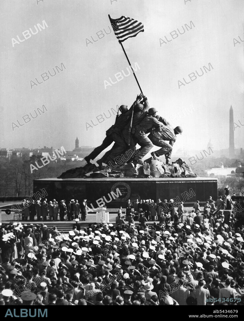 Statue From Great AP Picture -- This massive bronze statue from the famous associated press picture by Joe Rosenthal of the marines on Iwo Jima was dedicated outside Washington in early November. Rosenthal, now with the San Francisco Chronicle, was present for the ceremonies. January 12, 1954. (Photo by Associated Press Photo).